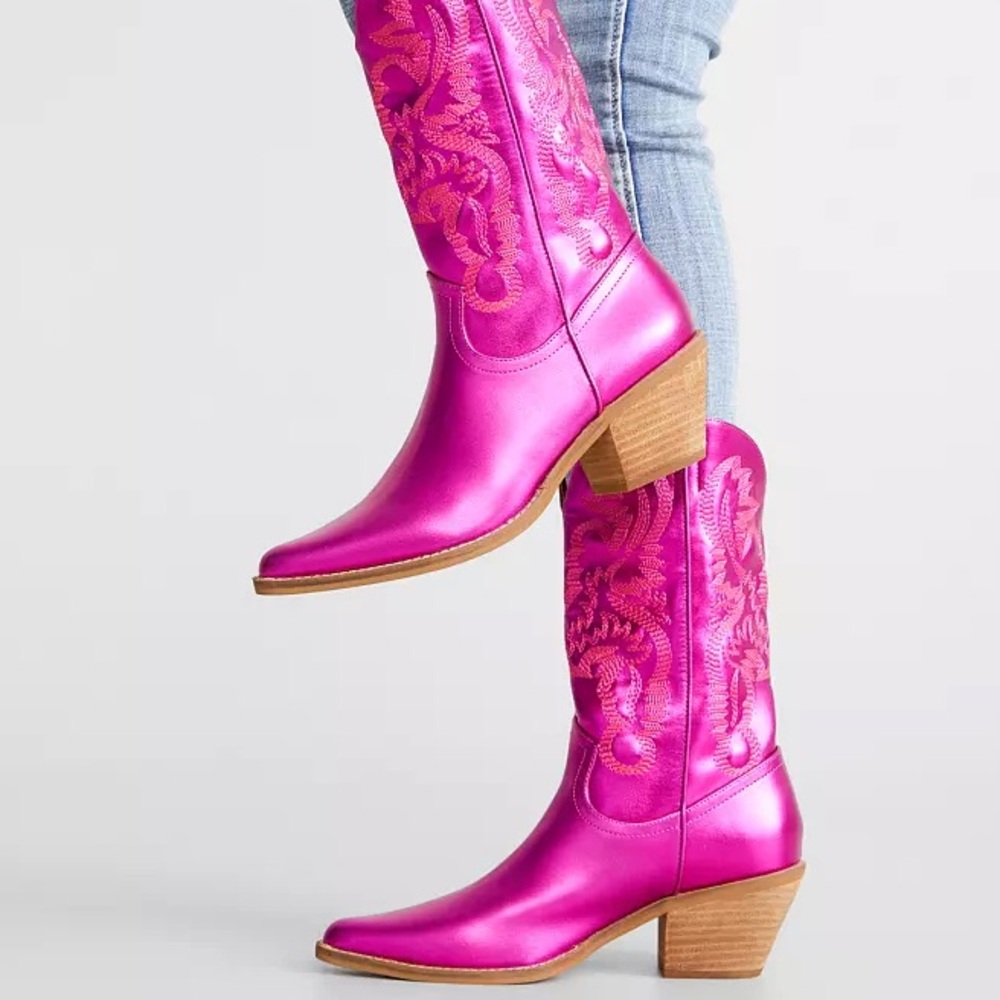 Beast Adela-05 Metallic Fuchsia Embroidered Mid Calf Western Heeled Cowboy Boot
